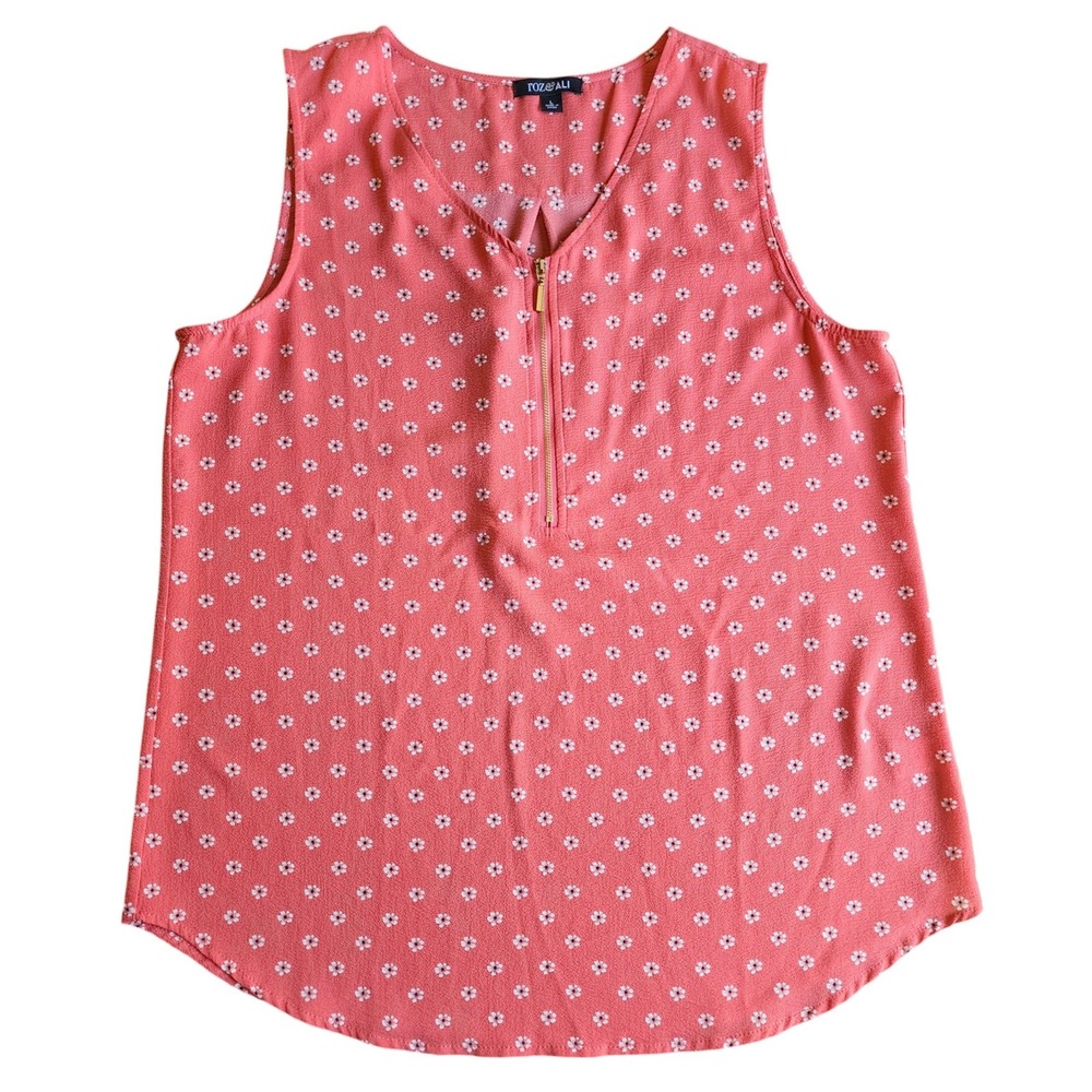 Roz & Ali Women Crepe Tank Top Coral Pink Floral Half Zip Sleeveless Top L